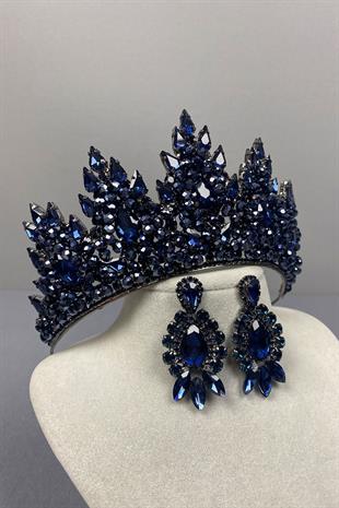 Navy Blue Lotus Bead Embroidered Bridal Henna Crown and Drop Shuttle Earring Set