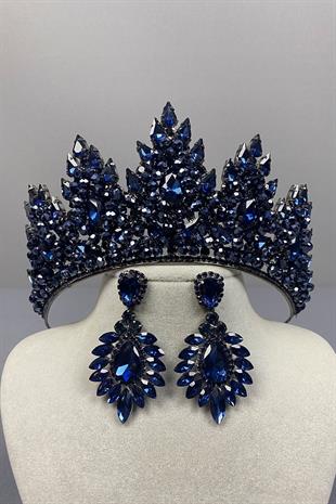 Navy Blue Lotus Bead Embroidered Bridal Henna Crown and Drop Stone Earring Set