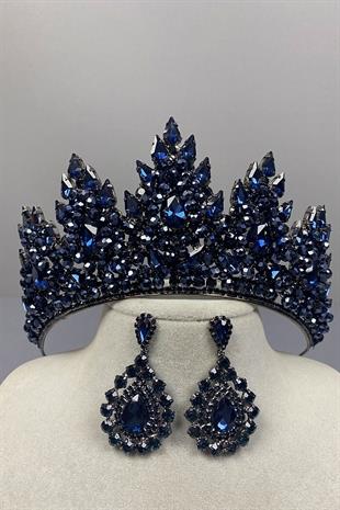 Navy Blue Lotus Bead Embroidered Bridal Henna Crown and Drop Earring Set