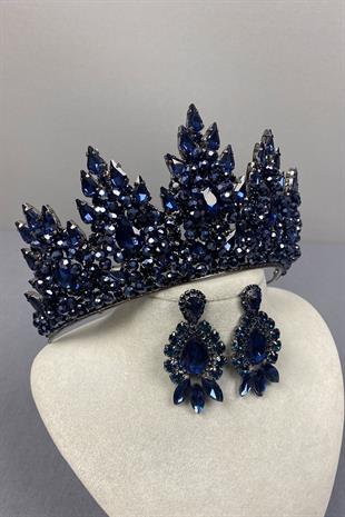 Navy Blue Lotus Bead Embroidered Bridal Henna Crown and Drop Shuttle Earring Set