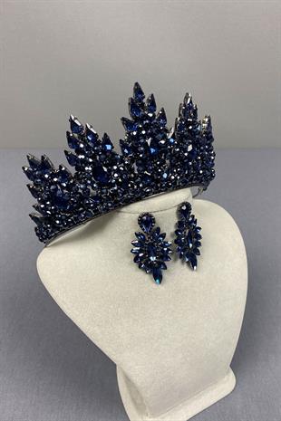 Navy Blue Lotus Bead Embroidered Bridal Henna Crown and Shuttle Earring Set