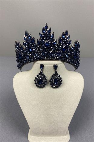 Navy Blue Lotus Bead Embroidered Bridal Henna Crown and Drop Earring Set