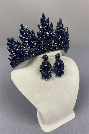 Navy Blue Lotus Bead Embroidered Bridal Henna Crown and Drop Shuttle Earring Set