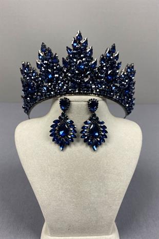 Navy Blue Lotus Bead Embroidered Bridal Henna Crown and Drop Stone Earring Set