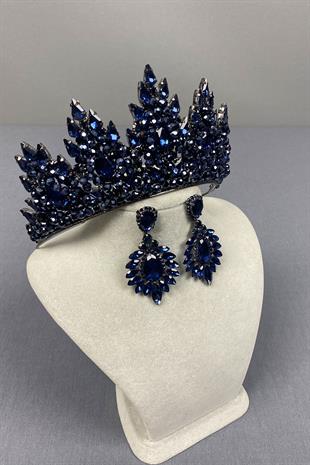 Navy Blue Lotus Bead Embroidered Bridal Henna Crown and Drop Stone Earring Set