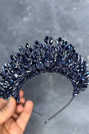 Navy Blue Maria Heavily Embroidered Crystal Bridal Henna Crown Hair Accessory