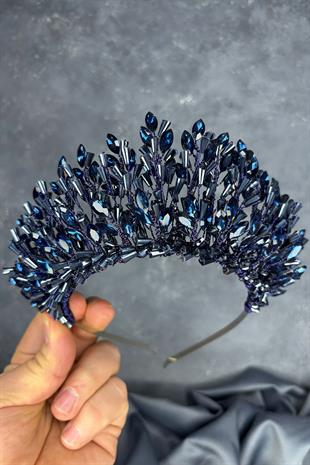 Navy Blue Maria Heavily Embroidered Crystal Bridal Henna Crown Hair Accessory