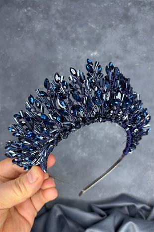 Navy Blue Maria Heavily Embroidered Crystal Bridal Henna Crown Hair Accessory
