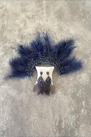 Navy Blue Maya Hairy Crystal Beaded Bridal Henna Tiara and Earring