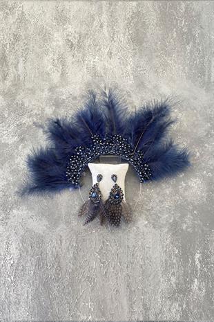 Navy Blue Maya Hairy Crystal Beaded Bridal Henna Tiara and Earring