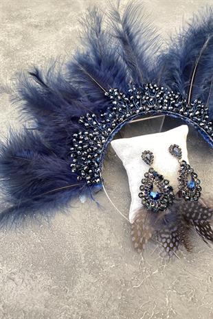 Navy Blue Maya Hairy Crystal Beaded Bridal Henna Tiara and Earring
