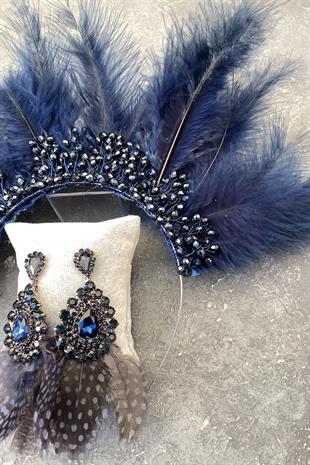 Navy Blue Maya Hairy Crystal Beaded Bridal Henna Tiara and Earring
