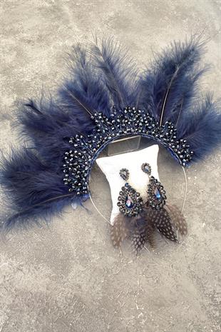 Navy Blue Maya Hairy Crystal Beaded Bridal Henna Tiara and Earring