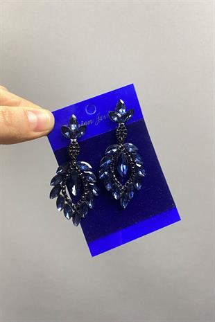 Navy Blue Shuttle Duru Leaf Patterned Stone Evening Dress Earrings