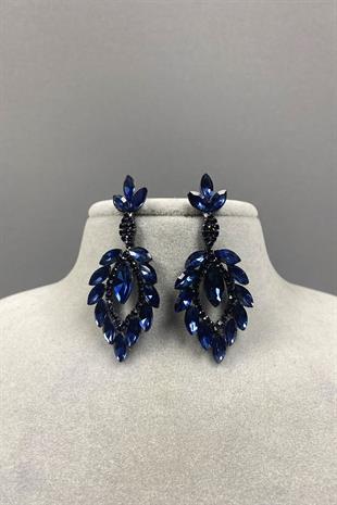 Navy Blue Shuttle Duru Leaf Patterned Stone Evening Dress Earrings