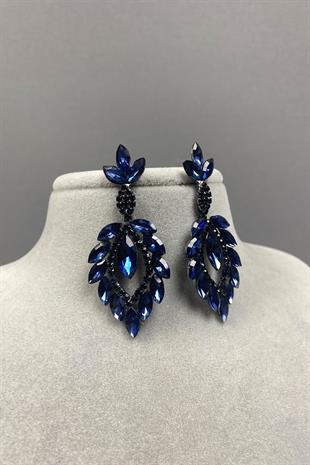 Navy Blue Shuttle Duru Leaf Patterned Stone Evening Dress Earrings