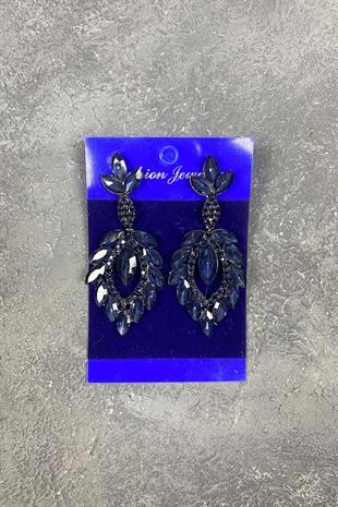 Navy Blue Shuttle Duru Leaf Patterned Stone Evening Dress Earrings