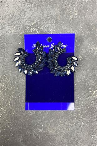 Lacivert Mekik Hera Yaprak Desen Taşlı Abiye Küpe