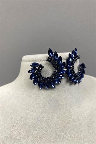 Lacivert Mekik Hera Yaprak Desen Taşlı Abiye Küpe