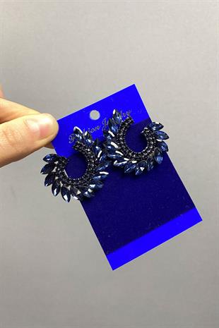 Lacivert Mekik Hera Yaprak Desen Taşlı Abiye Küpe