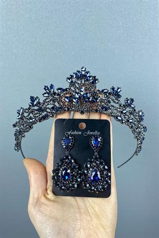 Dark Blue Melis Bridal Henna Crown And Stone Drop Earrings
