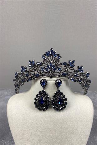 Dark Blue Melis Bridal Henna Crown And Stone Drop Earrings