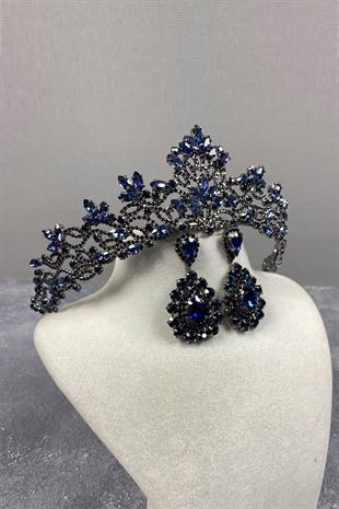 Dark Blue Melis Bridal Henna Crown And Stone Drop Earrings