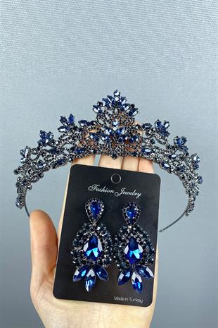 Navy Blue Melis Bridal Henna Tiara and Studded Earrings Set