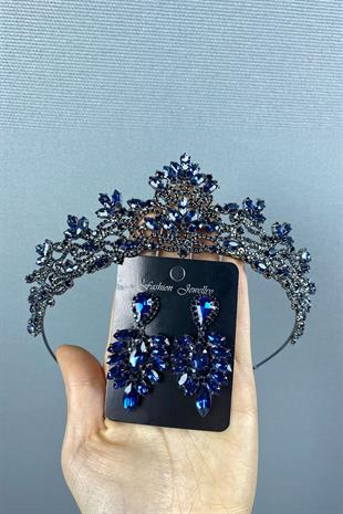 Navy Blue Melis Bridal Henna Crown And Studded Stone Earrings