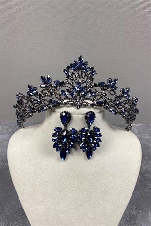 Navy Blue Melis Bridal Henna Crown And Studded Stone Earrings
