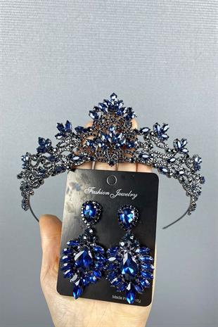 Navy Blue Melis Bridal Henna Tiara and Studded Earrings