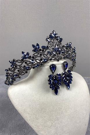 Navy Blue Melis Bridal Henna Crown And Studded Stone Earrings