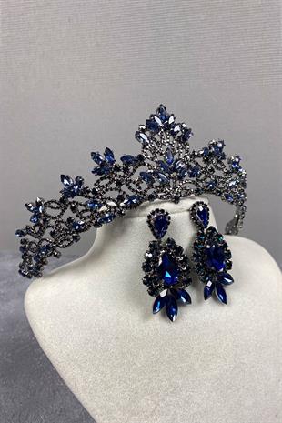 Navy Blue Melis Bridal Henna Tiara and Studded Earrings Set