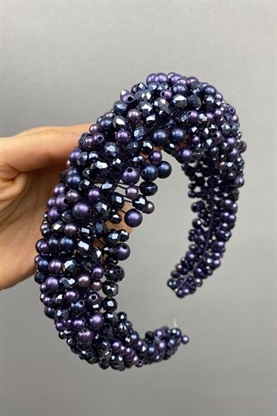 Navy Blue Purple Leal Convex Crystal and Pearls Bridal Hair Accessory