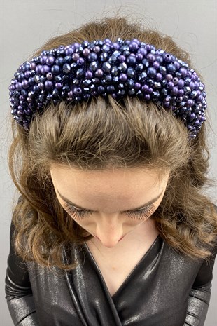 Navy Blue Purple Leal Convex Crystal and Pearls Bridal Hair Accessory