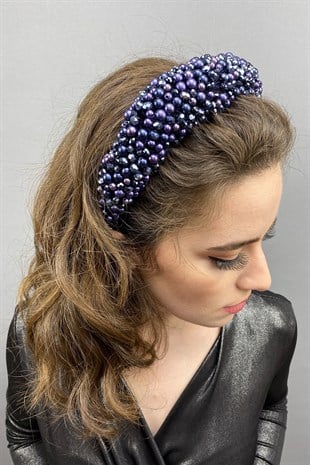 Navy Blue Purple Leal Convex Crystal and Pearls Bridal Hair Accessory