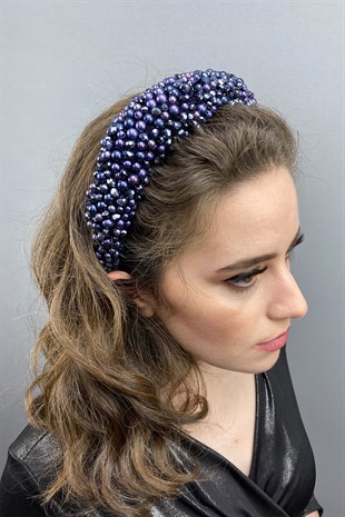 Navy Blue Purple Leal Convex Crystal and Pearls Bridal Hair Accessory