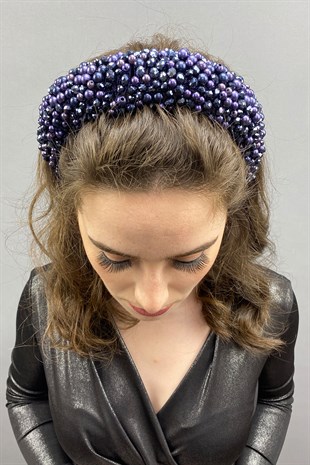 Navy Blue Purple Leal Convex Crystal and Pearls Bridal Hair Accessory