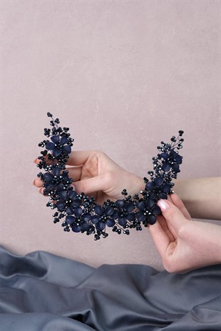 الأزرق الداكن نيدا زهرة المينا تاج الشعر وإكسسوار العمامة