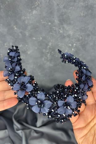 Lacivert Nileda Kristal Boncuklu Gelin Kına Tacı Saç Aksesuarı