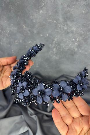 Lacivert Nileda Kristal Boncuklu Gelin Kına Tacı Saç Aksesuarı