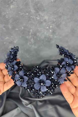 Lacivert Nileda Kristal Boncuklu Gelin Kına Tacı Saç Aksesuarı