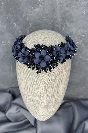Lacivert Nileda Kristal Boncuklu Gelin Kına Tacı Saç Aksesuarı