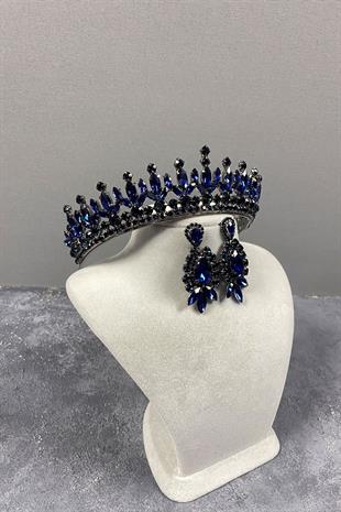 Navy Blue Pedro Stone Bridal Henna Tiara and Earring Set