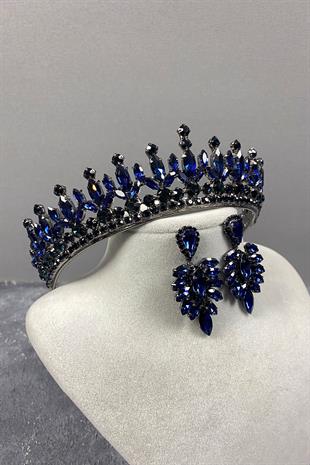 Navy Blue Pedro Stone Bridal Henna Crown And Earring Set