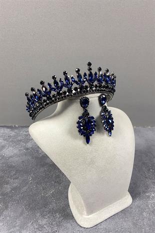 Lacivert Pedro Taşlı Gelin Kına Tacı Ve Abiye Küpe Seti