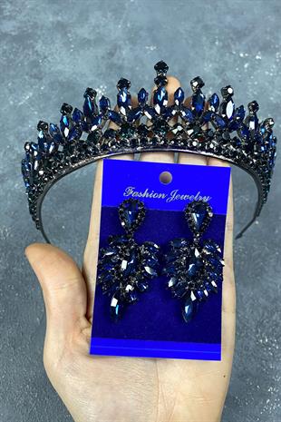 Navy Blue Pedro Stone Bridal Henna Crown And Earring Set