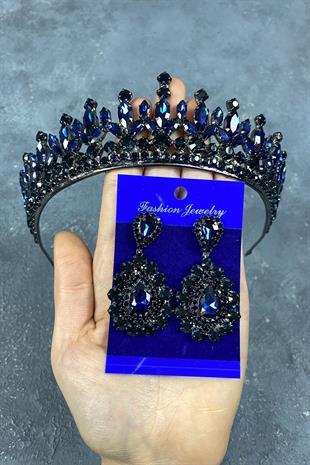Navy Blue Pedro Stone Bridal Henna Tiara and Stud Earrings Set