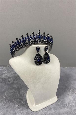 Navy Blue Pedro Stone Bridal Henna Tiara and Stud Earrings Set