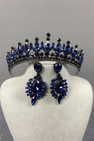 Lacivert Pedro Taşlı Gelin Kına Tacı Ve Abiye Küpe Seti